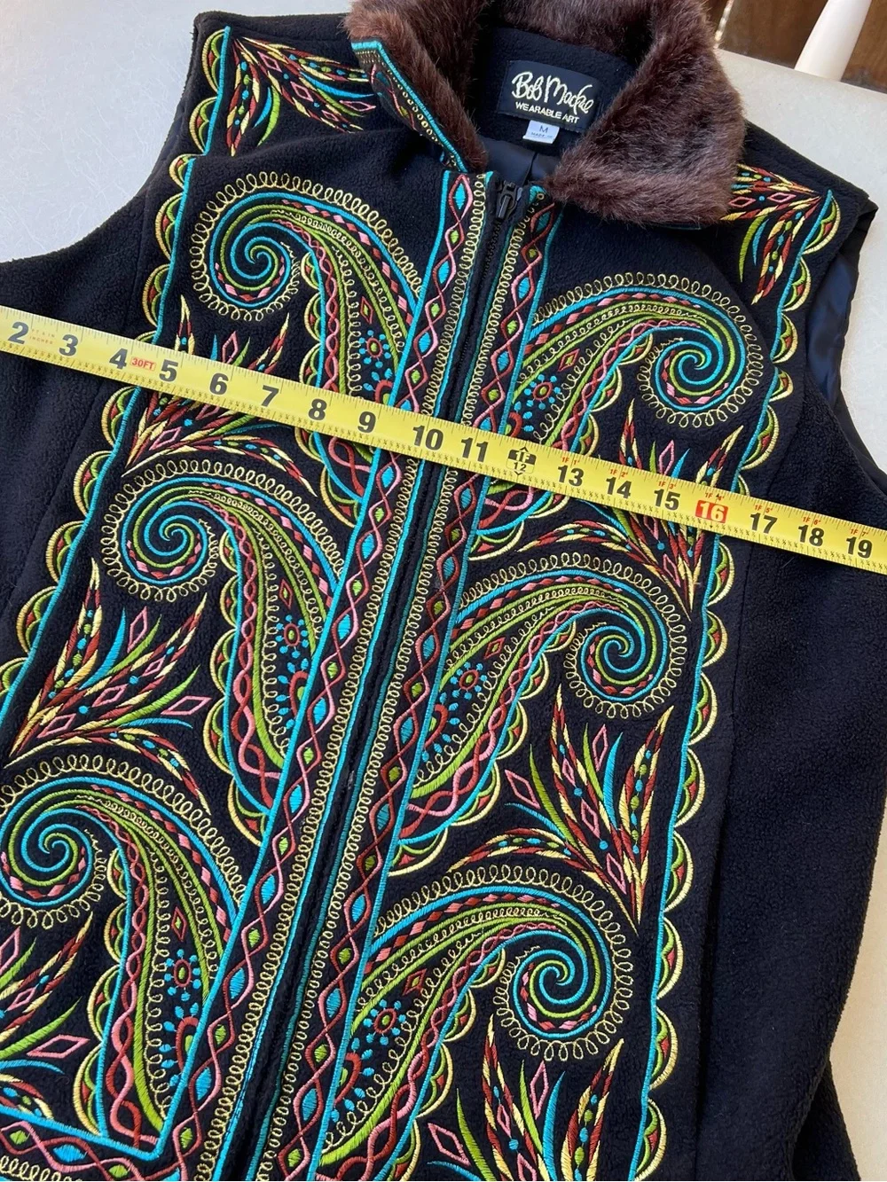 Bob Mackie Wearable Art embroidered fleece vest with faux fur collar Size M